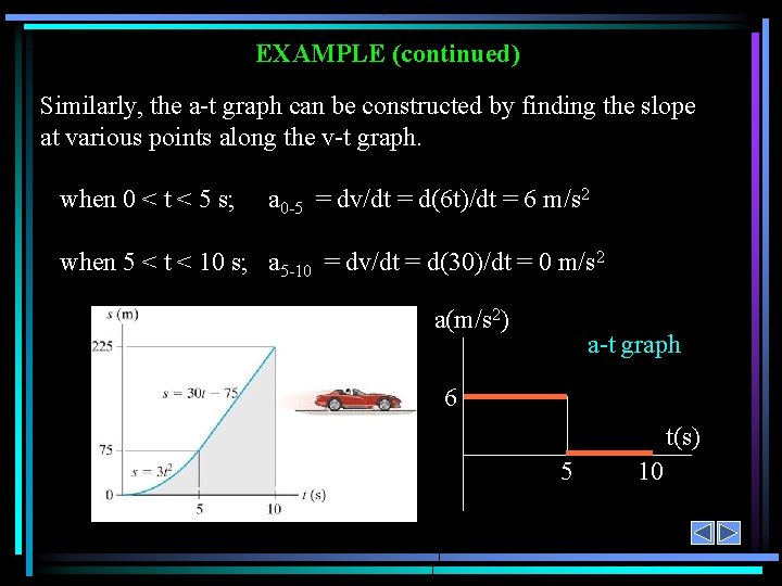 EXAMPLE (continued) Similarly, the a-t graph can be constructed by finding the slope at