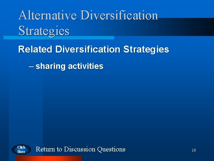 Alternative Diversification Strategies Related Diversification Strategies – sharing activities Click Here Return to Discussion