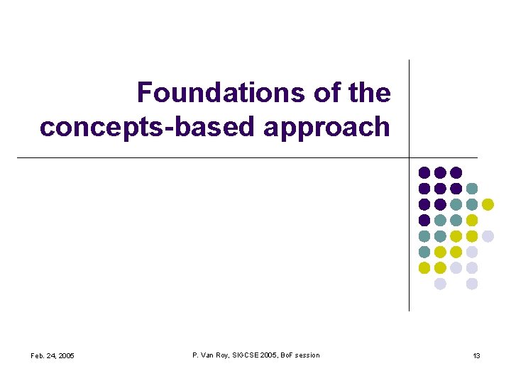 Foundations of the concepts-based approach Feb. 24, 2005 P. Van Roy, SIGCSE 2005, Bo. Foundations of the concepts-based approach Feb. 24, 2005 P. Van Roy, SIGCSE 2005, Bo.
