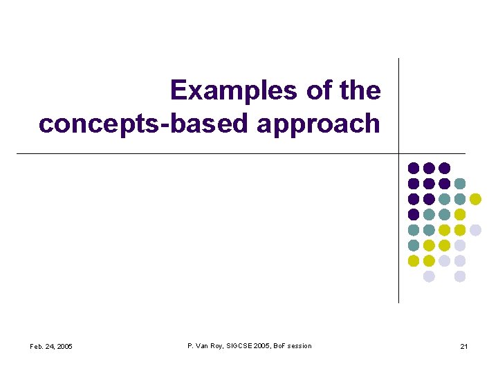 Examples of the concepts-based approach Feb. 24, 2005 P. Van Roy, SIGCSE 2005, Bo. Examples of the concepts-based approach Feb. 24, 2005 P. Van Roy, SIGCSE 2005, Bo.
