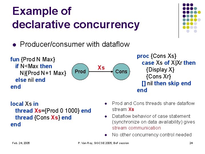 Example of declarative concurrency l Producer/consumer with dataflow fun {Prod N Max} if N<Max Example of declarative concurrency l Producer/consumer with dataflow fun {Prod N Max} if N<Max
