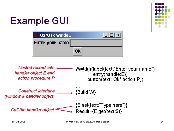 Example GUI Nested record with handler object E and action procedure P Construct interface Example GUI Nested record with handler object E and action procedure P Construct interface