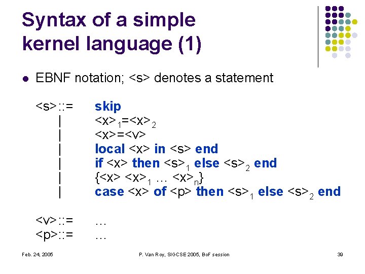 Syntax of a simple kernel language (1) l EBNF notation; <s> denotes a statement Syntax of a simple kernel language (1) l EBNF notation; <s> denotes a statement