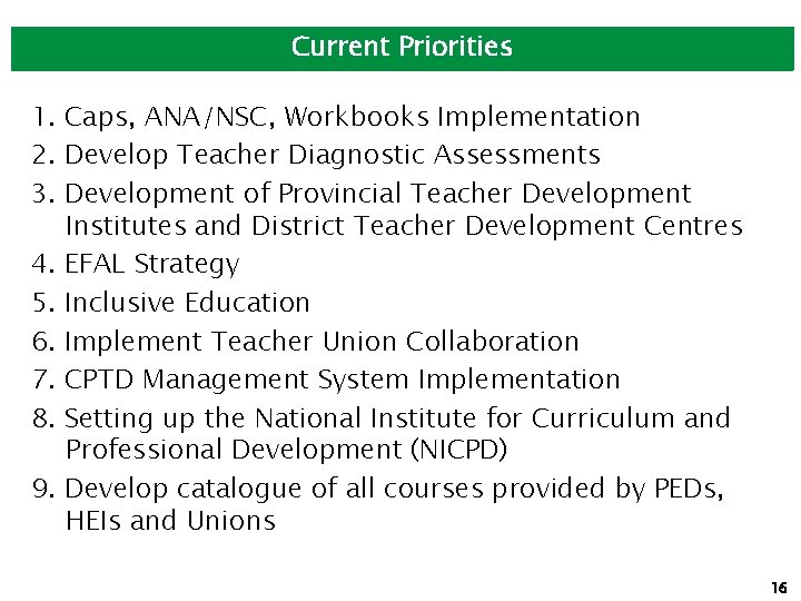 Current Priorities 1. Caps, ANA/NSC, Workbooks Implementation 2. Develop Teacher Diagnostic Assessments 3. Development