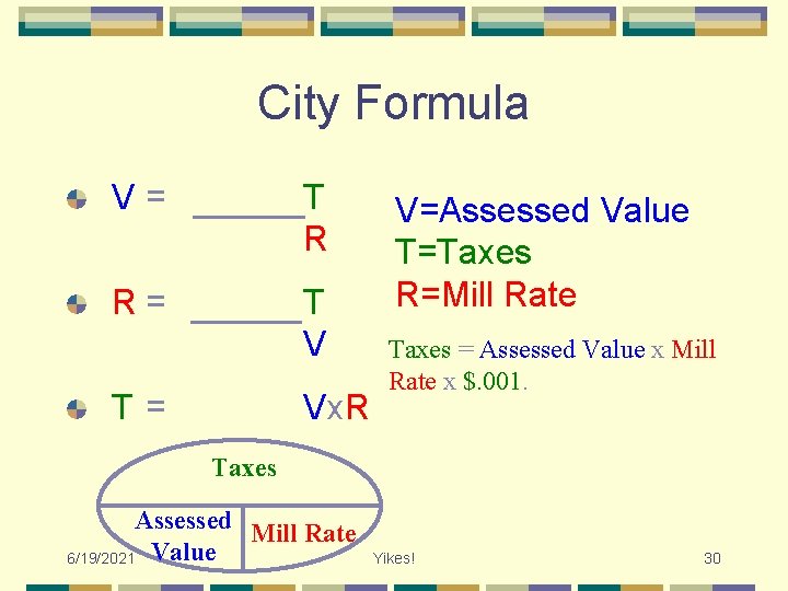 City Formula V= T R R= T V T= Vx. R V=Assessed Value T=Taxes