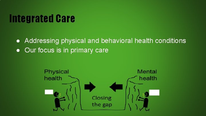 Integrated Care ● Addressing physical and behavioral health conditions ● Our focus is in