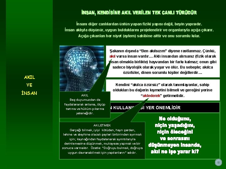 İnsanı diğer canlılardan üstün yapan fiziki yapısı değil, beyin yapısıdır. İnsan aklıyla düşünür, uygun