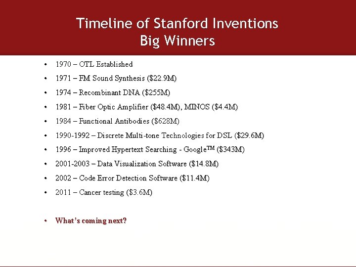 Timeline of Stanford Inventions Big Winners • 1970 – OTL Established • 1971 –