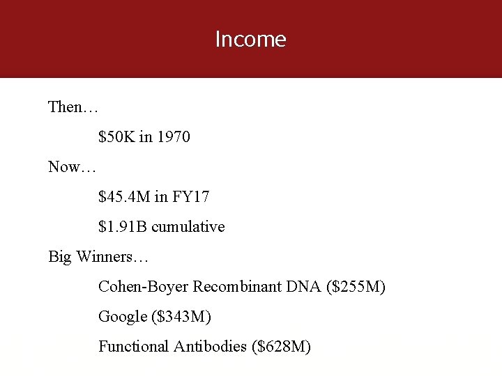 Income Then… $50 K in 1970 Now… $45. 4 M in FY 17 $1.