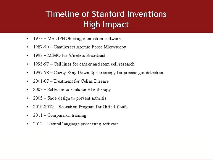 Timeline of Stanford Inventions High Impact • 1973 – MEDIPHOR drug interaction software •