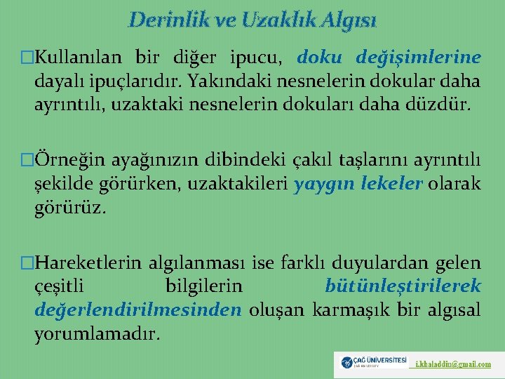 Derinlik ve Uzaklık Algısı �Kullanılan bir diğer ipucu, doku değişimlerine dayalı ipuçlarıdır. Yakındaki nesnelerin