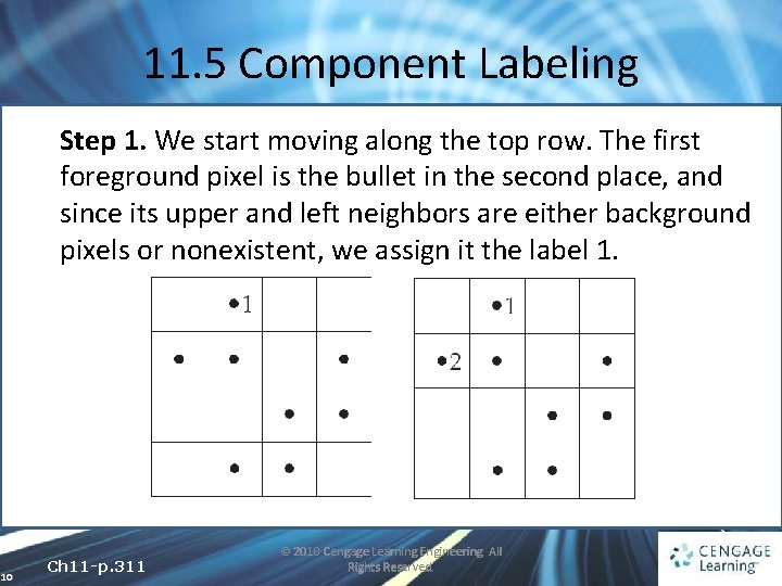 11. 5 Component Labeling Step 1. We start moving along the top row. The