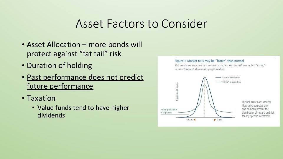 Asset Factors to Consider • Asset Allocation – more bonds will protect against “fat