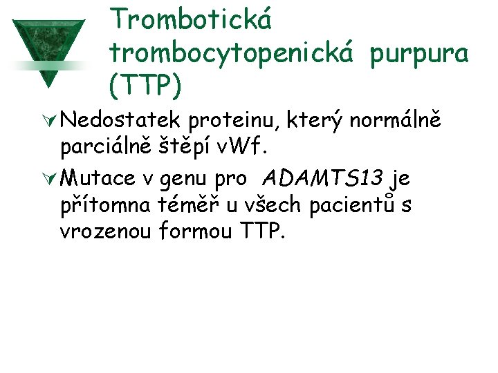 Trombotická trombocytopenická purpura (TTP) Ú Nedostatek proteinu, který normálně parciálně štěpí v. Wf. Ú