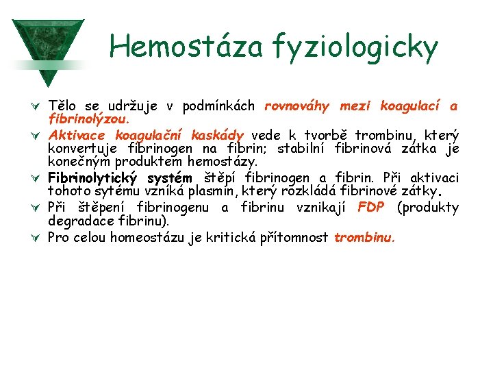 Hemostáza fyziologicky Ú Tělo se udržuje v podmínkách rovnováhy mezi koagulací a Ú Ú