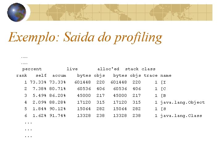 Exemplo: Saida do profiling. . percent rank self 1 73. 33% 2 7. 38%