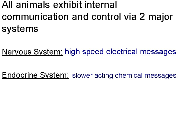 All animals exhibit internal communication and control via 2 major systems Nervous System: high