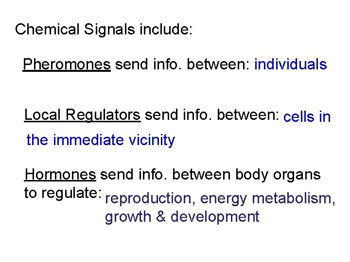 Chemical Signals include: Pheromones send info. between: individuals Local Regulators send info. between: cells