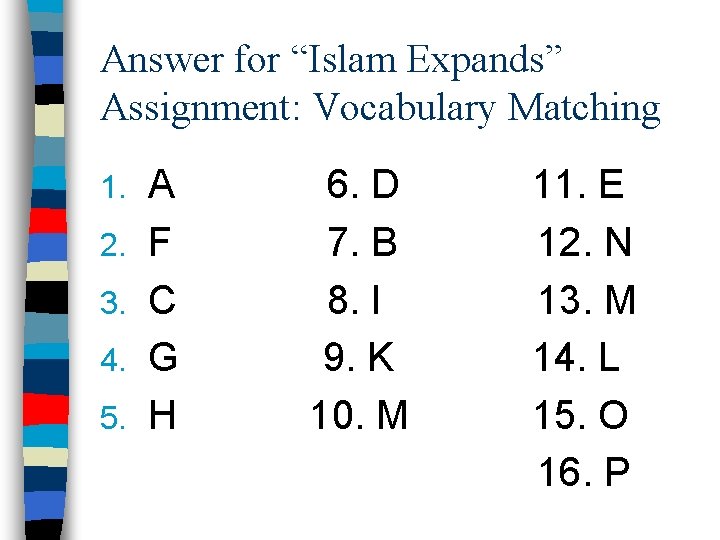 Answer for “Islam Expands” Assignment: Vocabulary Matching 1. 2. 3. 4. 5. A F