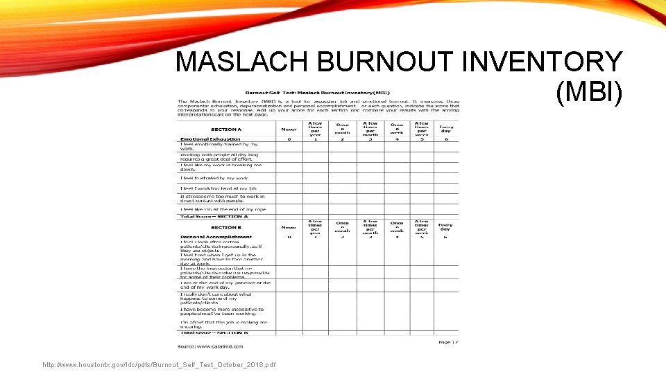 MASLACH BURNOUT INVENTORY (MBI) http: //www. houstontx. gov/ldc/pdfs/Burnout_Self_Test_October_2018. pdf 