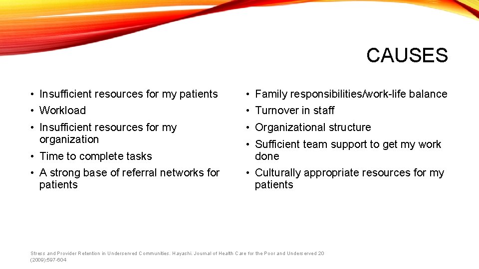 CAUSES • Insufficient resources for my patients • Family responsibilities/work-life balance • Workload •