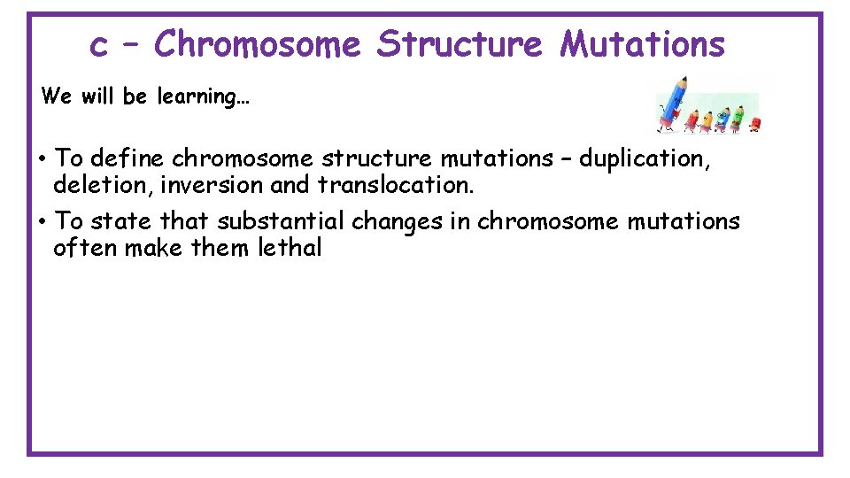 c – Chromosome Structure Mutations We will be learning… • To define chromosome structure