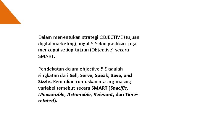Dalam menentukan strategi OBJECTIVE (tujuan digital marketing), ingat 5 S dan pastikan juga mencapai