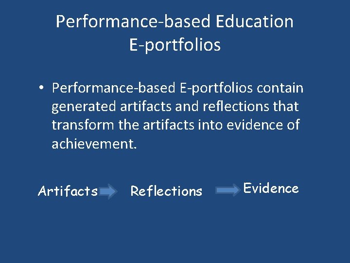 Performance-based Education E-portfolios • Performance-based E-portfolios contain generated artifacts and reflections that transform the