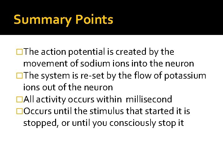 Summary Points �The action potential is created by the movement of sodium ions into