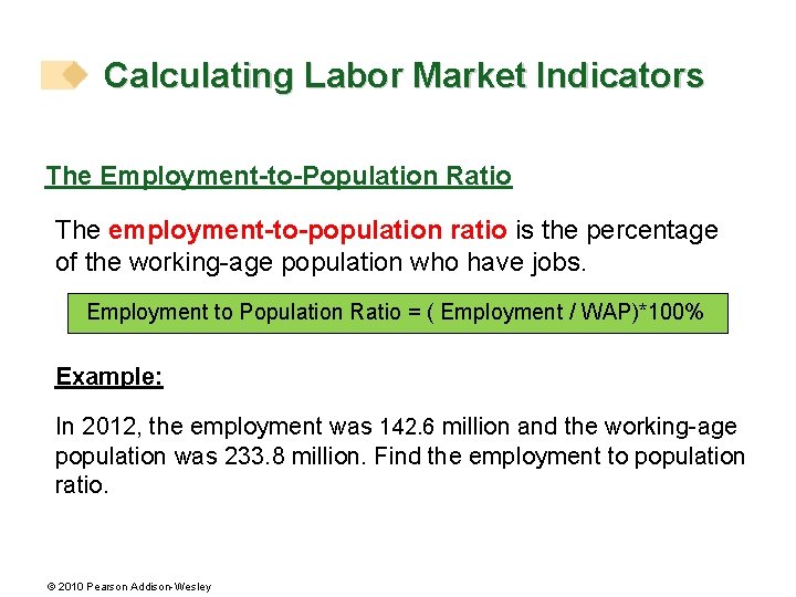 Calculating Labor Market Indicators The Employment-to-Population Ratio The employment-to-population ratio is the percentage of