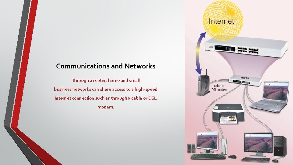 Communications and Networks Through a router, home and small business networks can share access