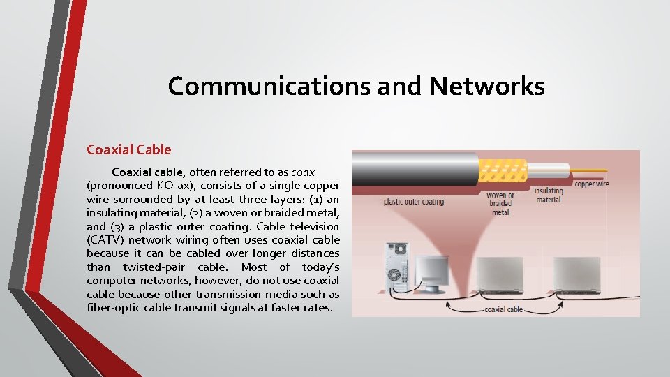 Communications and Networks Coaxial Cable Coaxial cable, often referred to as coax (pronounced KO-ax),