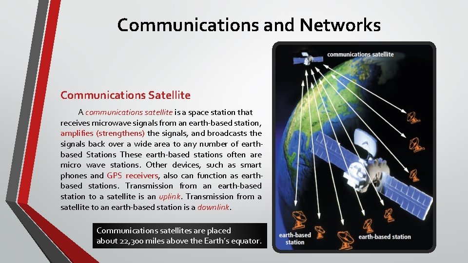 Communications and Networks Communications Satellite A communications satellite is a space station that receives
