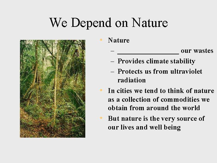 We Depend on Nature • Nature – _________ our wastes – Provides climate stability