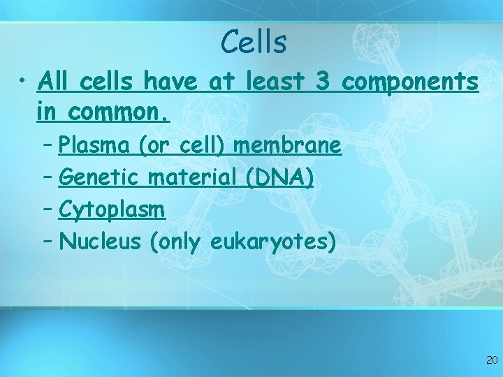 Cells • All cells have at least 3 components in common. – Plasma (or