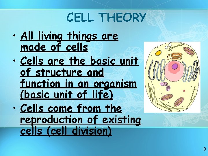 CELL THEORY • All living things are made of cells • Cells are the