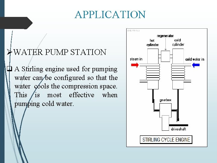 APPLICATION ØWATER PUMP STATION q A Stirling engine used for pumping water can be