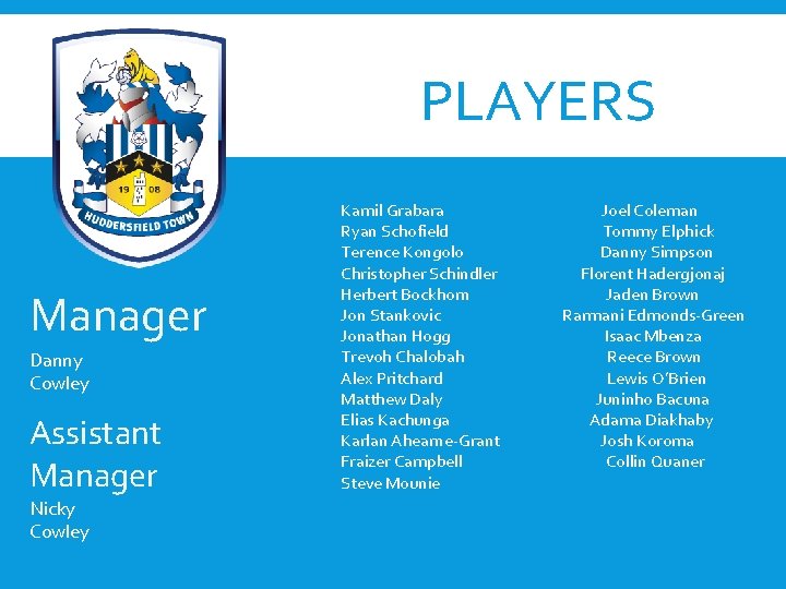 PLAYERS Manager Danny Cowley Assistant Manager Nicky Cowley Kamil Grabara Ryan Schofield Terence Kongolo