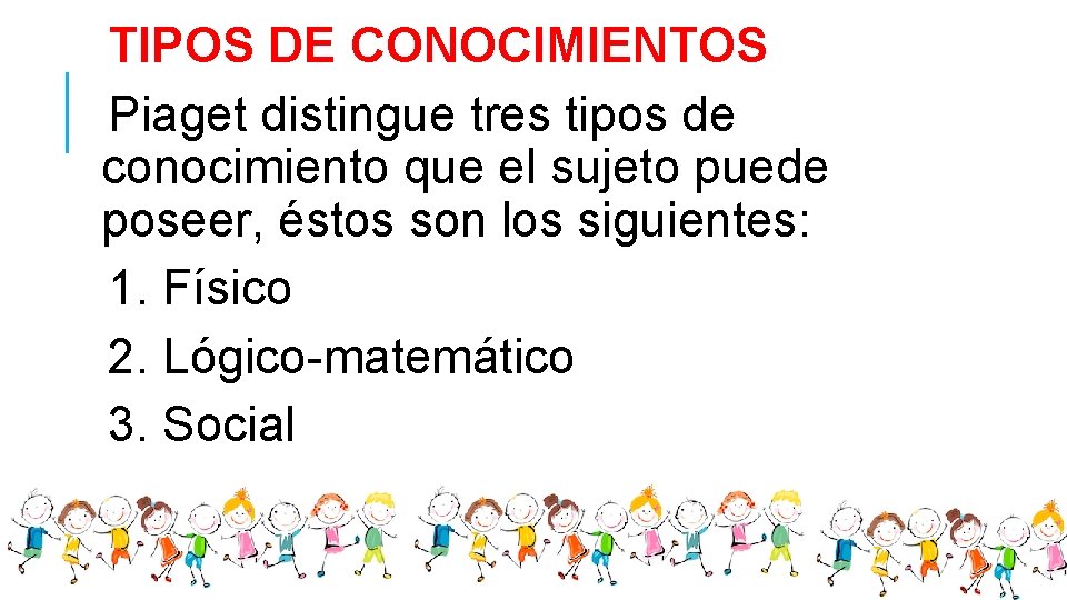 TIPOS DE CONOCIMIENTOS Piaget distingue tres tipos de conocimiento que el sujeto puede poseer,