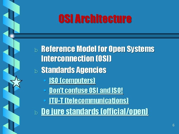 OSI Architecture b b Reference Model for Open Systems Interconnection (OSI) Standards Agencies •