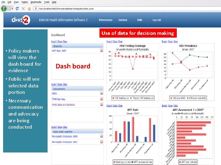 Use of data for decision making • Policy makers will view the dash board