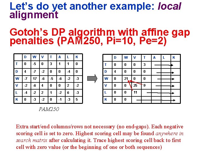 Let’s do yet another example: local alignment Gotoh’s DP algorithm with affine gap penalties Let’s do yet another example: local alignment Gotoh’s DP algorithm with affine gap penalties