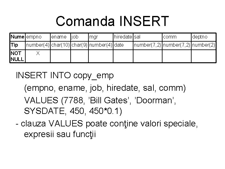 Comanda INSERT Nume empno Tip NOT NULL ename job mgr hiredate sal number(4) char(10)