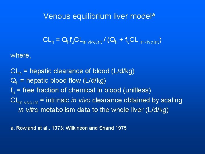 Venous equilibrium liver modela CLh = Qhfu. CLin vivo, int / (Qh + fu.