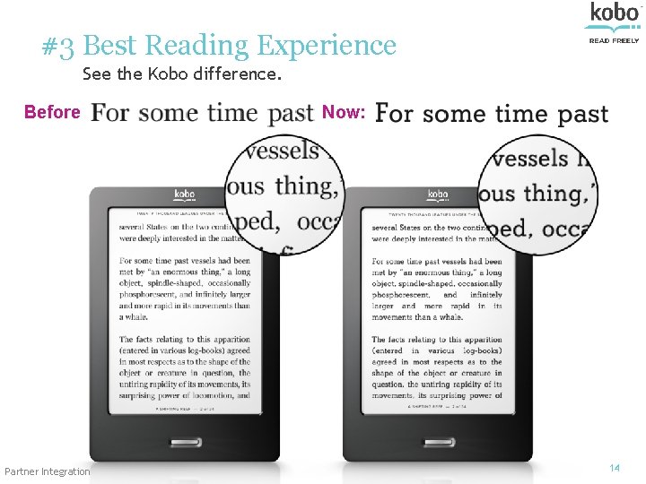 #3 Best Reading Experience See the Kobo difference. Before Partner Integration Now: 14 