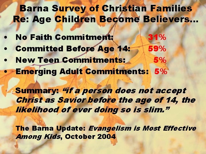 Barna Survey of Christian Families Re: Age Children Become Believers… • • No Faith