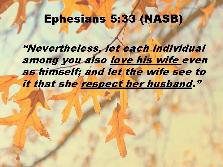 Ephesians 5: 33 (NASB) “Nevertheless, let each individual among you also love his wife