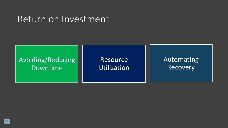 Return on Investment Avoiding/Reducing Downtime Resource Utilization Automating Recovery 