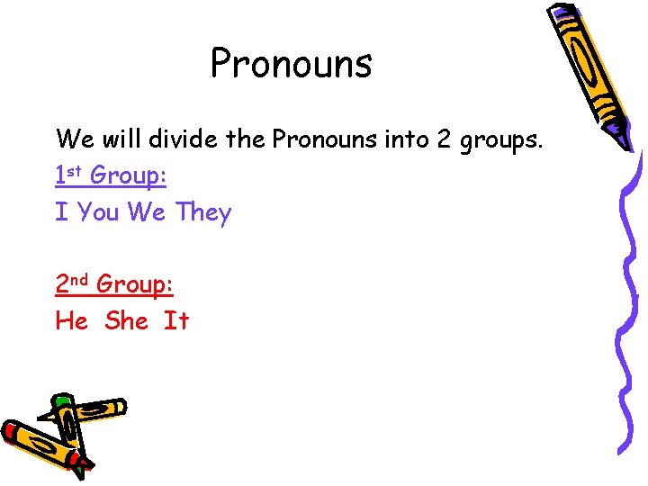 Pronouns We will divide the Pronouns into 2 groups. 1 st Group: I You
