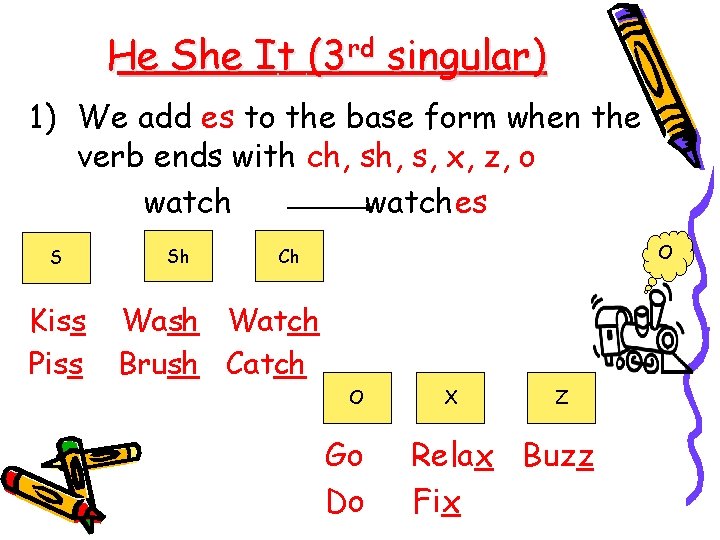 He She It (3 rd singular) 1) We add es to the base form